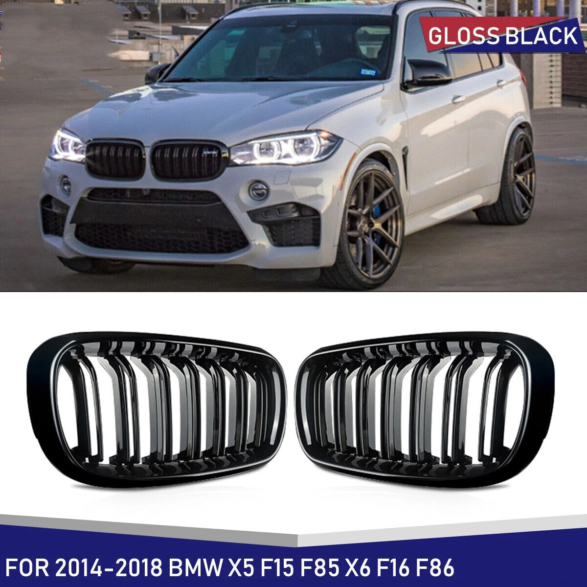X5 X6 F15/F16/F85/F86 - Gloss Black Front Double-Slat Kidney Grille | 2014-2018